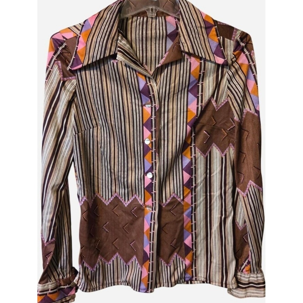 Vintage Shirt 70s Geometric Disco Blouse Dagger Collar Striped Brady Bunch